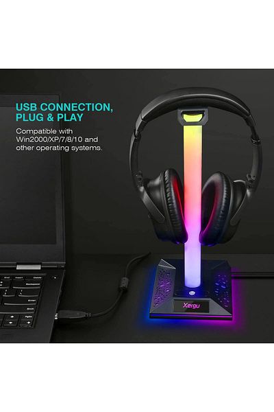 erorex حامل سماعة رأس بإضاءة RGB مع منفذ شاحن USB وحامل سماعة رأس للألعاب على المكتب وحامل سماعة رأس
