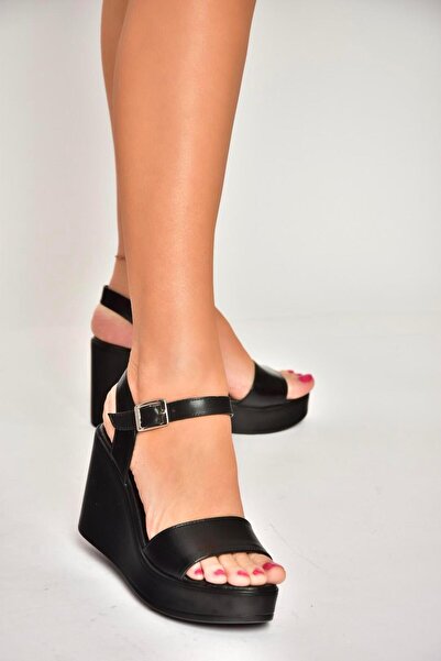 Fox Shoes U 555250203   Black Genuine Leather Wedge Heeled Women's Shoes