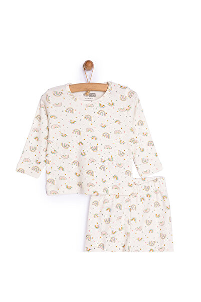 ebebek Hello Baby HelloBaby Kız Bebek Pijama Takım Kaşkorse Gökkuşağı Bisiklet Yaka Uzun Kol Ekru