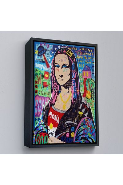Harita Sepeti Πολύχρωμος πίνακας Banksy Mona Lisa σε καραβόπανο με χρυσό πλαίσιο, ποπ άρτ, street art, πίνακας σε καμβά