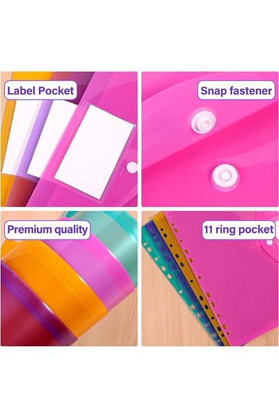 erorex 6Pcs Ring Binder Punch Pocket A4 Clear Plastic Envelopes For Ring Binder Folder Loose Leaf Plastic