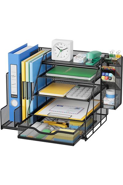 erorex Desk Organizer With File Holder 5 Trays Paper Organizer With Handle Mesh Desk File Letter Organizer