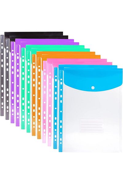 erorex 12Pcs Expandable A4 Plastic Wallets Folders Document Files Popper Wallets With Button Plastic