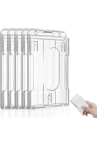 erorex Card Protector 5 Pack Transparent Id Card Holder Hard Plastic Badge Holder With Easy Access Thumb