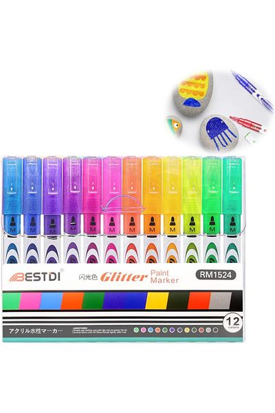 erorex 12 Colors Acrylic Glitter Markers Paint Pens Shimmer Markers For Drawing Scrapbooking Rock Painting