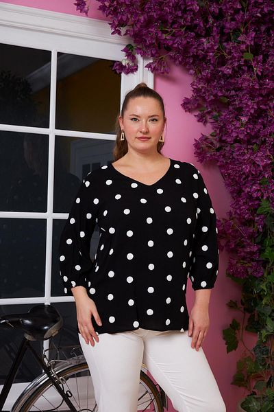 RMG Polka Dot V-Neck Slit Plus Size Blouse Black
