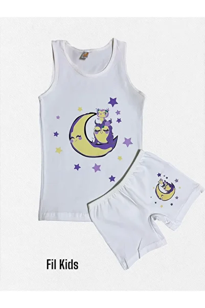 elmas kids Girl's 100% Cotton White Color Moon Star Owl Night Themed Athlete Boxer Set
