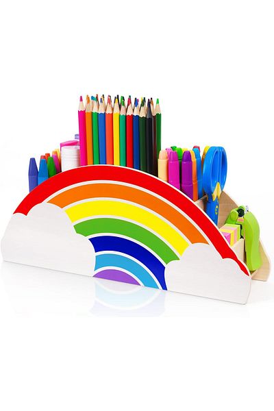 erorex Wooden Pen Holder And Pencil Holders Rainbow Supply Caddy Desk Organizer Desk Tidy For Office