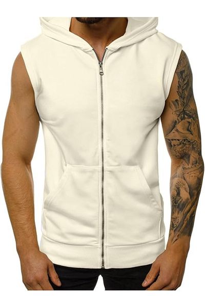 aynewmoda Men's Hooded Tops Singlets Zipper Sleeveless Athletic Training T-Shirt