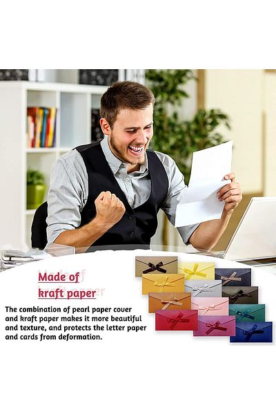 erorex Colorful Envelopes 24Pcs Vintage Kraft Pearlescent Paper Envelopes With Colored Bow Tie Ribbons For
