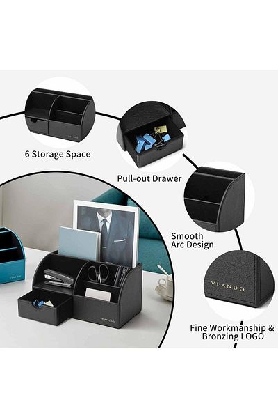 erorex Desk Organiser With Drawer Leather Office Stationery Desk Tidy Organiser Multifunctional Desktop
