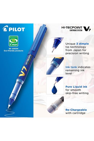 erorex V7 Hi Tecpoint Pen With Cartridge System 1 Blue 1 Black Pen 2 Blue Cartridges 2 Black Cartridges