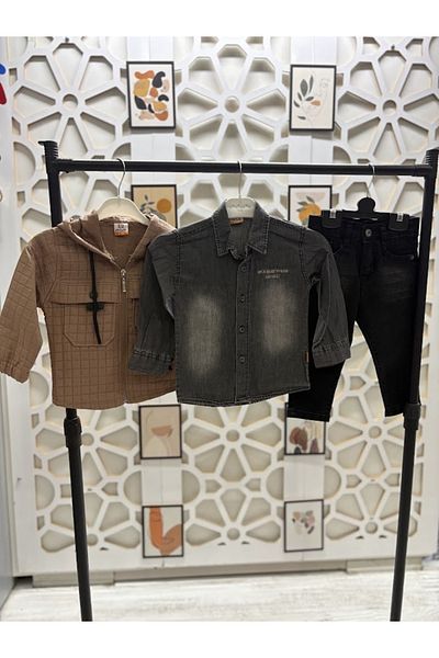 KUMRUNUN DÜNYASI Boy's Leather Jacket and Shirt, Pants Bottom Top Set Eid 3 Piece