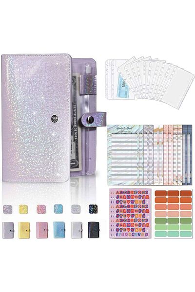 erorex A6 Budget Binder With 12Pcs Zipper Envelopes Gold Foil Budget Card 12 3 Sequin English 21 Labels