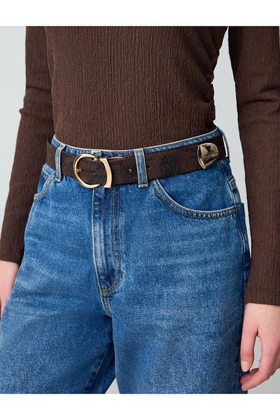 Jimmy Key Brown Metal Buckle Patterned Leather Look Belt