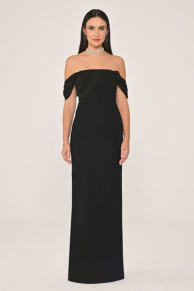 ALFABETA Alpha Beta Off Shoulder Satin Neckline Crepe Long Evening Dress