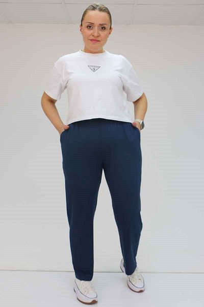 Eslina High Waist Elastic Plus Size Combed Cotton Trousers 39001 - Navy Blue