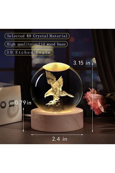 erorex 3D Eagle Crystal Ball Night Light Glass Eagle Figurine Lamp Laser Etched Engraved Crystal Eagle