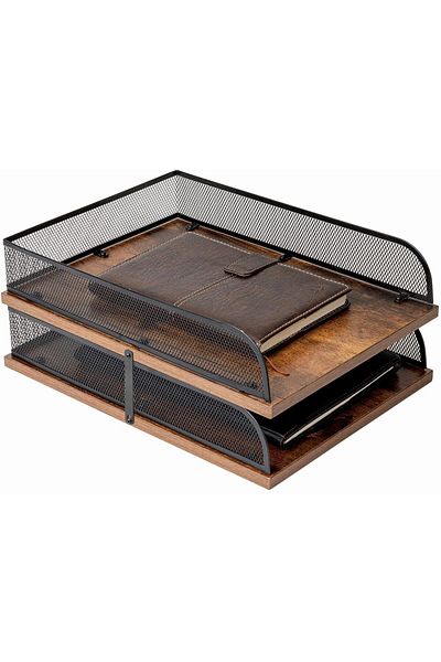 erorex Set Of 2 Vintage Wood And Metal Letter Tray，Desk Organizers Paper Tray，Office File Organizer Black