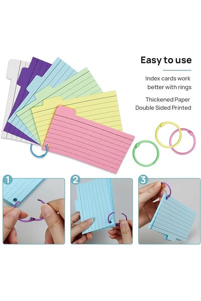 erorex 300 Tabbed Index Cards And 100 White Blank Flash Cards With Binder Rings Colorful 3X5 Ruled Lined