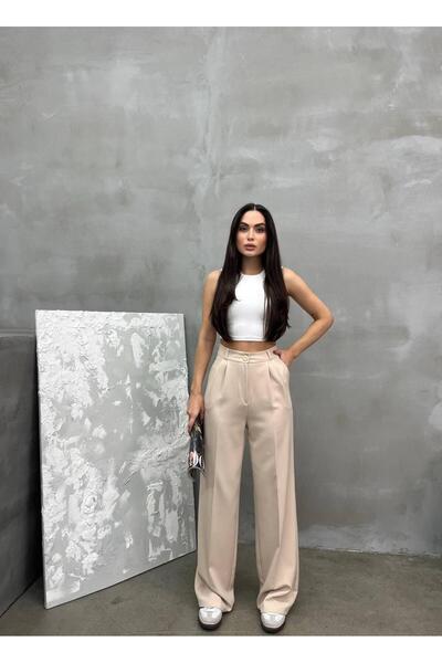 RAWEA FASHİON Bej Kadın Palazzo Pantolon Dabıl Kumaş
