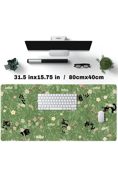 erorex Green Desk Mat Xl Cat Plant Cool Desk Pad Keyboard Mat Black Cat Flower Mouse Pad Green Desk Mat