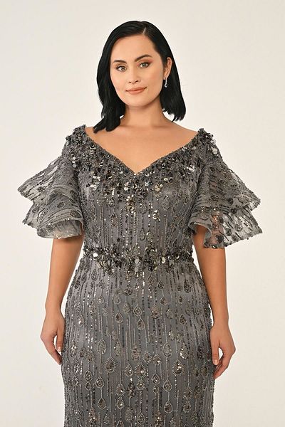 ALFABETA Alpha Beta V Neck Sleeves Flounced Sequin Long Evening Dress 25Y6921