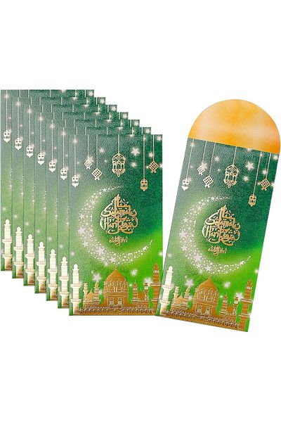 erorex 12 Pieces Eid Mubarak Money Envelopes 6.6 X 2.7 Inch Green Cash Gift Card Holders Quranic Pattern