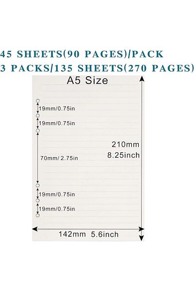 erorex A5 Refill Paper A5 Loose Leaf Paper 135 Sheets 270 Pages 6 Hole Filler Inserts Loose Leaf Paper For