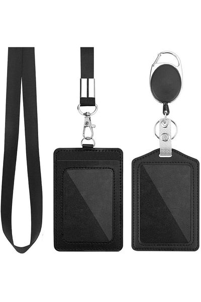 erorex 2 Pack Badge Holders Vertical Pu Leather Id Badge Card Holder With Detachable Neck Lanyard Strap