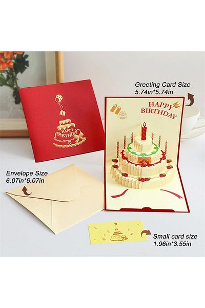 erorex 3D Pop Up Birthday Gift Cards Red Birthday Cake Happy Birthday Card Greeting Cards With Note Card