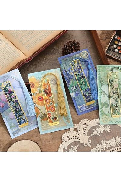 erorex 4Pcs Book Marks Metal Bookmarks With Tassel Hollow Flower Metal Bookmarks Van Gogh Oil Painting