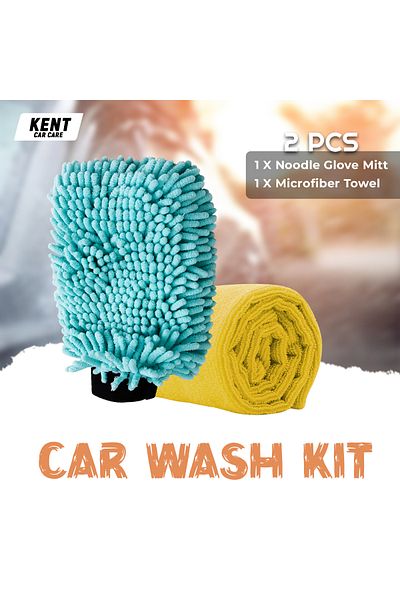 KENT Car Care Microfibre Wash & Dry Pack – Noodle Glove Mitt Blue & Drying Towel for Car Cleaning