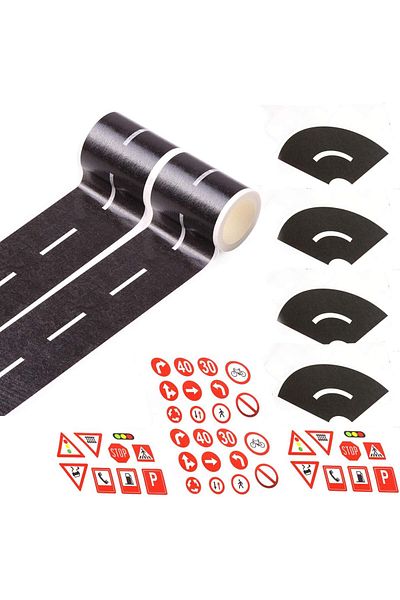 erorex Black Road Sets 2 Rolls 16.4'X2 Straight Track Road Sticker Tape 4 Pcs 2 Inch Black Tight Curves 40