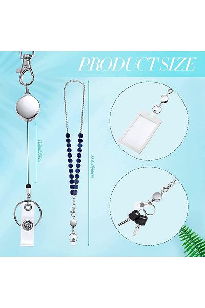 erorex 3 Pieces Id Badge Lanyard Necklace With Id Holder Clip Stainless Steel Beaded Chain Retractable