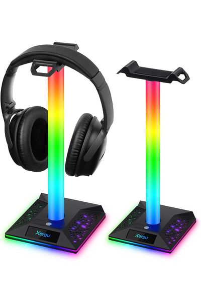 erorex حامل سماعة رأس بإضاءة RGB مع منفذ شاحن USB وحامل سماعة رأس للألعاب على المكتب وحامل سماعة رأس