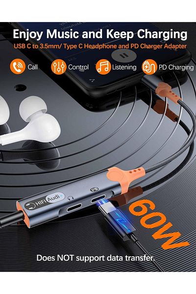 erorex موزع USB C مزدوج USB C محول بيانات وشاحن سماعة الرأس 3 في 1 دونجل صوت USB C بيانات USB C