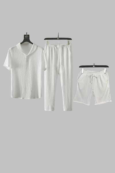 Ferhatlı Bürümcük Crinkle Fabric Summer Lycra Unisex Women Men Short Sleeve T-Shirt Shorts Tracksuit Set (3 Items)