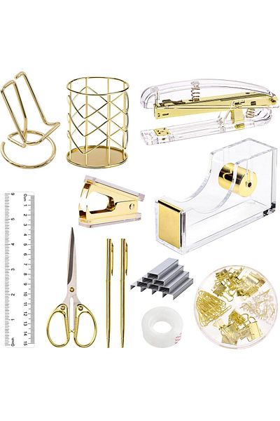 erorex Gold Office Supplies Set Desk Accessories Acrylic Stapler Set Staple Remover Phone Holder Tape