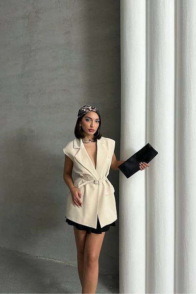 Neşeli Butik γυναικείο φαρδύ αμάνικο μπλέιζερ με ζώνη NBG076