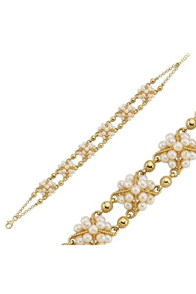 birinci 1926 14 Ayar Altın 3 mm Piramit Model Doğal İnci Bileklik