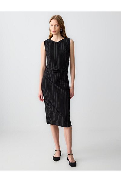 Jimmy Key Black Crew Neck Sleeveless Patterned Knitted Midi Dress