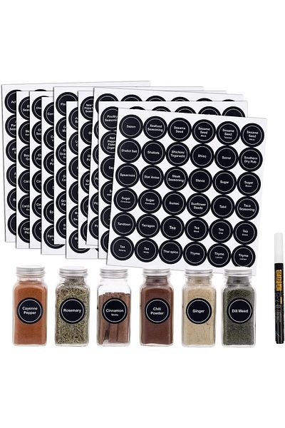 erorex 432Pcs Spice Labels Stickers 1.4In Black Spice Labels Waterproof Adhesive Round Preprinted Spice