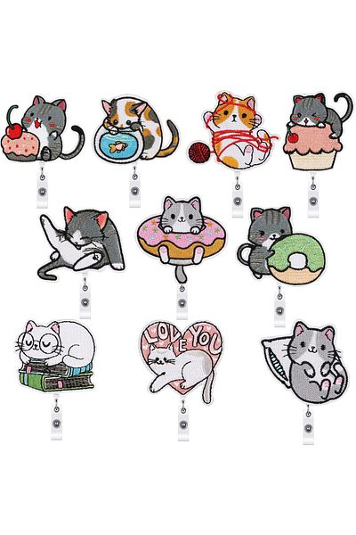 erorex Premium 10 Pcs Cat Badge Reel Set Retractable And Decorative Id Card Holder With 360° Rotating