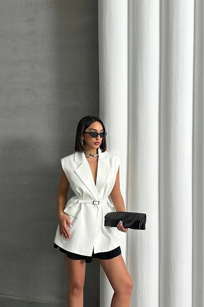 Neşeli Butik γυναικείο φαρδύ αμάνικο μπλέιζερ με ζώνη NBG076