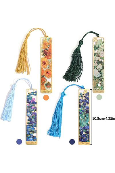 erorex 4 Pack Metal Bookmarks With Tassel Golden Hollow Bookmark Van Gogh Oil Painting Theme Book Mark