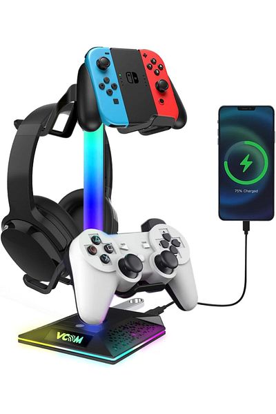 erorex حامل سماعة رأس RGB مع منفذين USB ومنفذ واحد من النوع C وحامل وحدة تحكم الألعاب مع 10 أوضاع إضاءة و