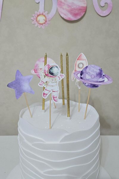 PEKSHOP Pink Space Concept Cake Ornaments Set Cake Candle and Cake Picks Decoration Set 8 Pieces