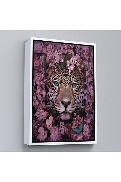 Harita Sepeti Διακοσμητικός πίνακας τοίχου Wild Leopard με ροζ λουλούδια με λευκό πλαίσιο
