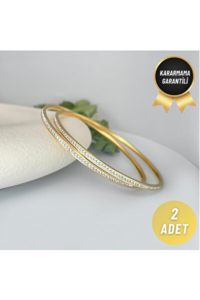 nerora Paslanmaz Çelik 2'li Taşlı Gold Ajda Bilezik İnce